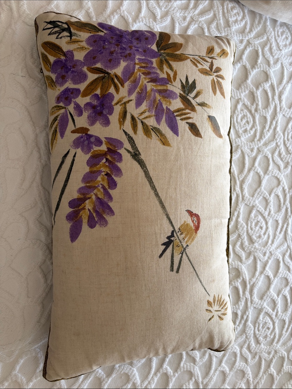 Cost Plus World Market Purple Floral & Bird Accent Pillow on Cream